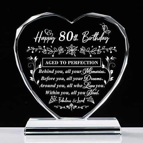 Presentes de aniversário de 80 anos para mulheres homens, laser de vidro coração de 80º aniversário decorações de aniversário, presentes