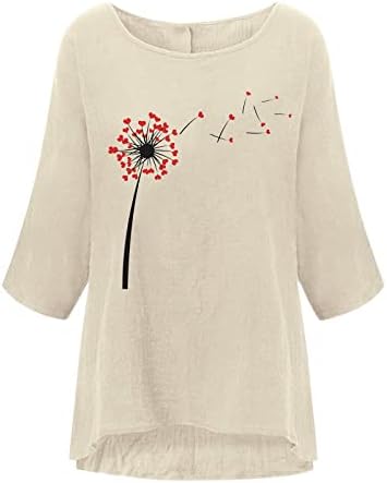 Roupas de linho feminino, impressão gráfica de flores O-pescoço 3/4 Sleeve Casual Linen Tunic Tops saindo tops para mulheres