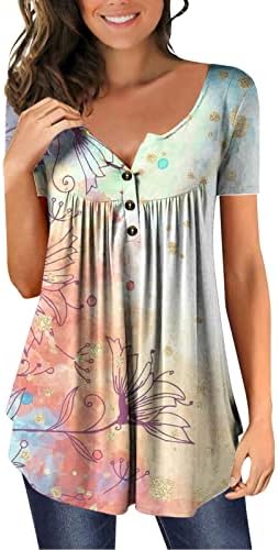 Túnica de túnica de impressão floral para mulheres barriga escondida camisetas de plus size de verão Button de manga curta
