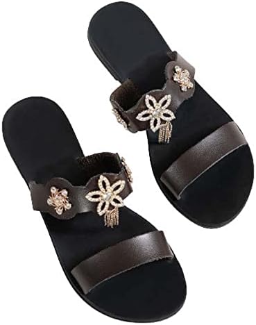 Flippers para feminino peep dedo dedo planos de dedo deslize em sapatos decoração de flores de metal de verão Sapatos de praia de conforto casual