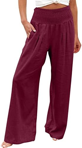 Calças casuais de fehlegd para mulheres com uma cor de alta cintura elástica de alta cor sólida de cor sólida larga perna larga larga com bolsos