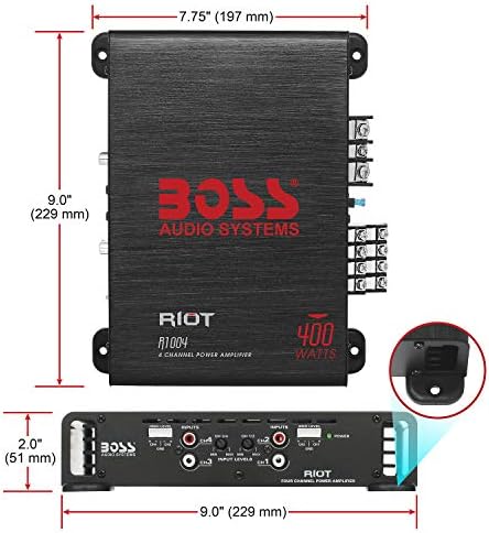 Boss Audio Systems R1004 Amplificador de carro Riot Series - 400 alta saída, 4 canais, 2/8 ohm, entradas de nível alto/baixo, alcance completo, conectar -se a estéreo e subwoofer, classe A/B, IC