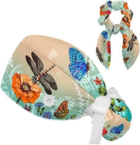 Butão de borboleta colorido de moda com botões ， tampa de esfoliação cirúrgica ajustável com cabelos arco enrolados