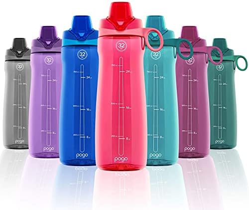 Garrafa de água plástica sem Pogo BPA com tampa de chug, atol azul, 32 oz. Garrafa de água de plástico tritan sem BPA com palha macia, 32 oz, cerceta