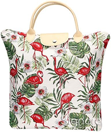 Signare Tapestry Bag dobrável Bolsa de compras reutilizável bolsa de supermercado com design rosa e verde flamingo