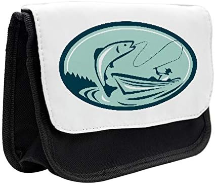 Caixa de lápis de pesca com mosca lunarable, homem no barco bobina truta, mochila de caneta com zíper duplo, 8,5 x 5,5, menta verde escuro branco escuro branco