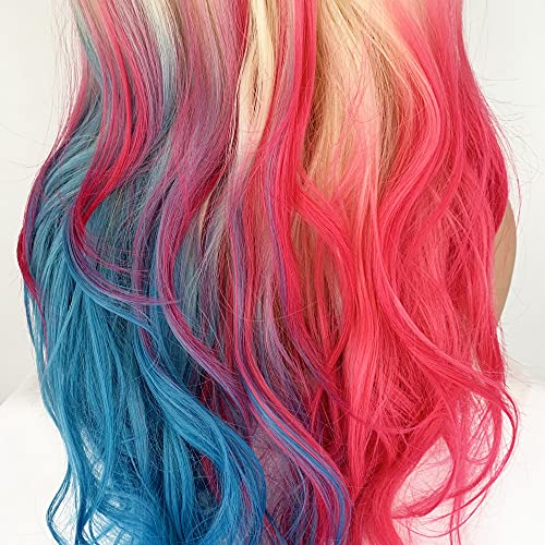 Yina platina loira ombre meio azul meio rosa renda frontal peruca arco -íris colorido perucas sintéticas ondas corpora