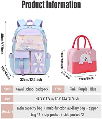 OMGDD 2PCS KAWAII Backpack Set com lancheira, mochilas de bunny de 17,7 polegadas para meninas Bolsa estética da escola de grande capacidade com bolsas de livros fofas com bolso e boneca de picada de gordura e coelho, azul, azul
