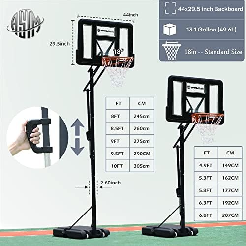 Win.Max Portable Basketball Hoop de altura ajustada de 4,9 a 10 pés ao ar livre/interno de basquete de basquete com backboard de 44 polegadas e rodas para adultos