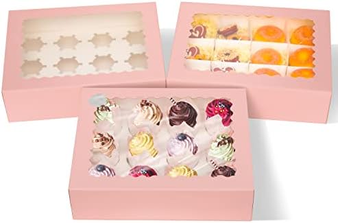 qiqee rosa 12 caixas de cupcakes com janela de 16 pacotes Cupcake Box 13 x10 x3.5 transportadora de cupcakes, 12 recipientes de cupcake