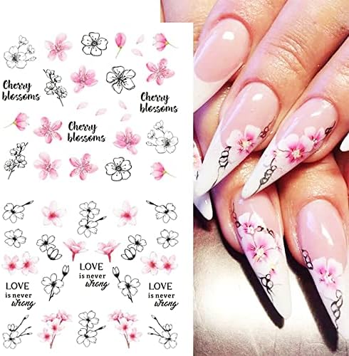 Adesivo de arte de flor rosa adesivo de borboleta sakura decalques unhas transferência de água suprimentos de arte unhas de primavera de primavera decorações diy para mulheres meninas 12 folhas