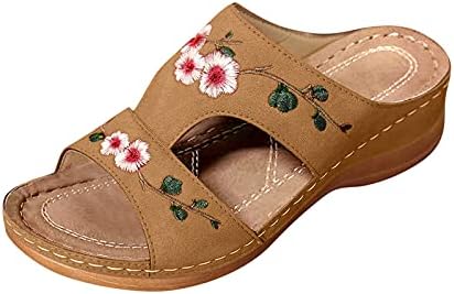 Usyfakgh Sandals Sandals Summer Senhoras Moda Cunha Bordado Bordado de Flores Sandals Sapatos para Mulheres