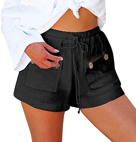 ILUGU BULTO CASual Shorts Alto algodão algodão confortável Waisty Flowy Women Summer com bolsos femininos de linho