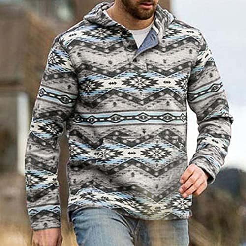 Pullover masculino do XiaxOGOOL Moletom molhar asteca ocidental Botão xadrez de retalhos frontal Tops Capuz Sweatshirts para homens