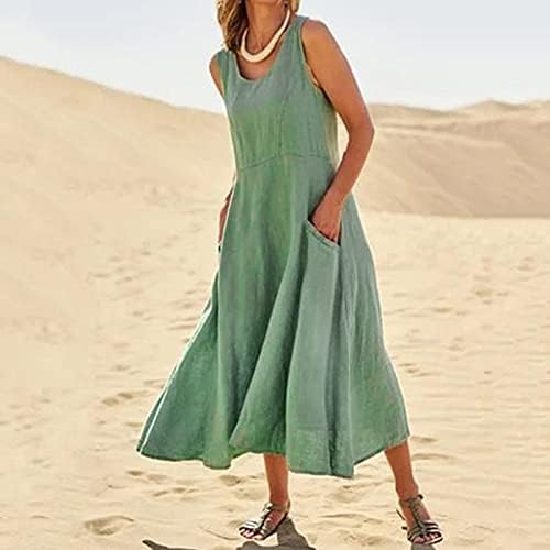 Vestido de verão casual feminino de himtak vestido de praia sem mangas de praia solta cor de cor sólida plissada longa vestido maxi com bolsos