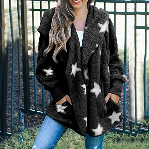 Estrela feminina estampa aberta com capuz dianteiro comprido Cardigan Casacos de casacos desleixados lã difusos de lã para