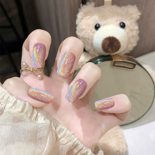 Ezpieces dica francesa Pressione as unhas curtas, auroras gato glitter super glam unhas falsas caixões com cola, unhas falsas acrílico unhas artificiais cola em unhas para mulheres/diariamente/festa, 24pcs/set