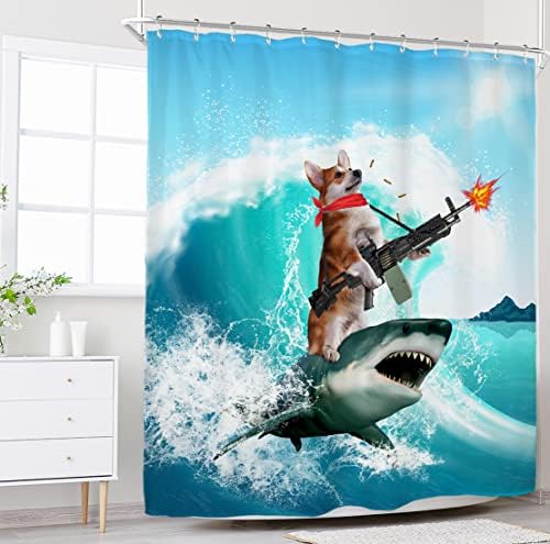 Riyidecor Curta de chuveiro Corgi engraçado para decoração do banheiro 72wx72h cachorro hilário tubarão cool fofo animal oceano náutico