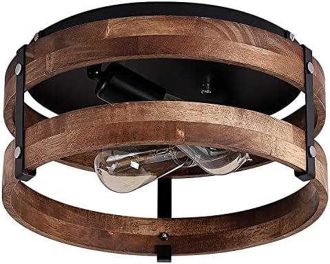 2 luzes de luminária rústica de montagem rústica Fixttle de madeira redonda tambor semi-rubor Luz de teto de montagem