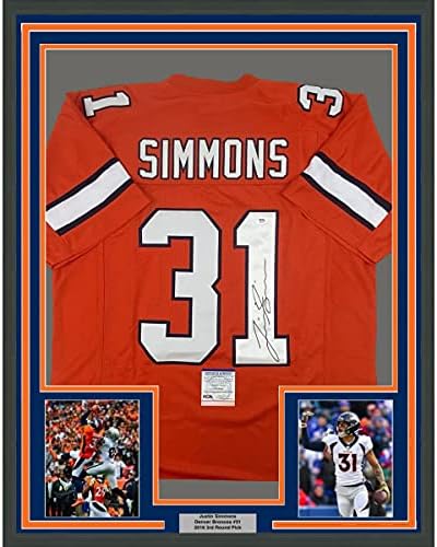 Justin Simmons autografado/assinado 33x42 Denver Retro Orange Football Jersey PSA/DNA COA