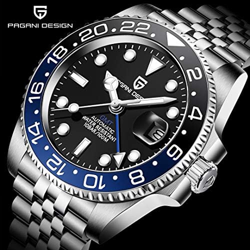 Por Benyar Pagani Design GMT Men's Watch, relógios mecânicos de vidro de safira de luxo, relógio automático resistente à água