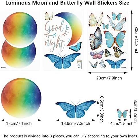Adesivos de parede luminosos de Lzymsz, brilho nos adesivos da lua escura e adesivos de borboleta decalques de parede