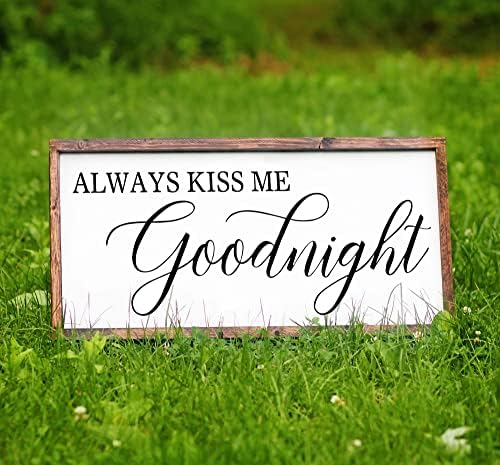 Sempre me beije boa noite sinal para decoração de parede do quarto, placa de quarto rústica com framhouse com moldura de madeira