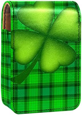 Caixa de batom de Guerotkr, organizador de batom de Lip Gloss de couro com espelho, mini saco de suporte de batom, padrão de trevo xadrez verde do dia de St-Parker