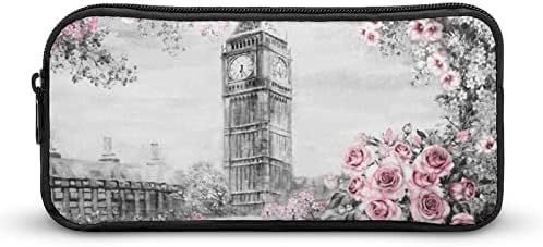 Big Big Ben com Flores Rosa Big Capacate Lápis Case Armazenamento Bolsa de Países Artigo Organizador de Penas portátil Saco de caneta com zíper