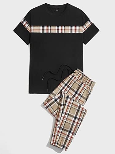Roupas de duas peças para homens, camiseta xadrez e calça de cintura