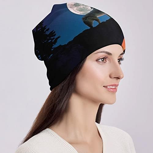 Baikutouan Moon Wolf Print Feanie Hats for Men Mulheres com Design Capulh Cap