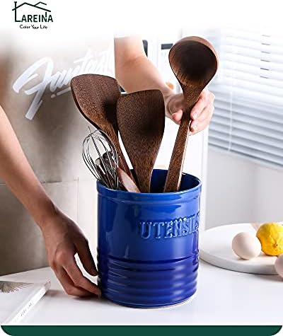 Suporte de utensílios de cozinha de Lareina, caddy de utensílio para bancada e batedora de cerâmica com alça e pico