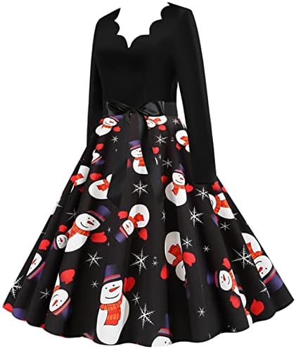 Vestido de Natal para mulheres Impressão engraçada de manga longa de retalhos A-line Vestidos de balanço Vestido de coquetel vintage Dress Flare