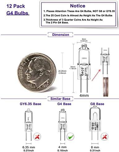 Lâmpadas Jaenmsa G4 20W, 12 pacote de halogênio cristalino de 12 pacote de halogênio 2 pinos, 12 volts de 20 watts JC T3 Cápsula bi-pina Bulbo de xenônio, diminuição de 2700k quente, 2 Base G4 para paisagem/lâmpada de mesa, Chandelier