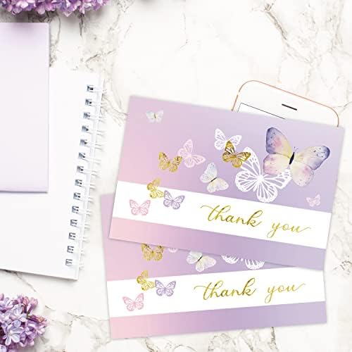 Gooji 4x6 Purple Butterfly Cartões de agradecimento com envelopes combinando envelopes brancos de peel-and-seal | Vários varosos, aquarela, folha de ouro | Festa de aniversário, chá de bebê, casamentos, saudação, notas em branco menino, menino, caixa rosa da caixa variada em branco