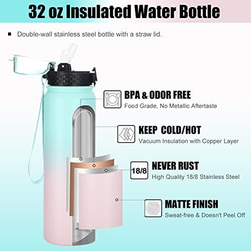 Garrafa de água isolada 32 oz garrafas de água em aço inoxidável com tampa de palha aberta com um clique, boca de parede dupla
