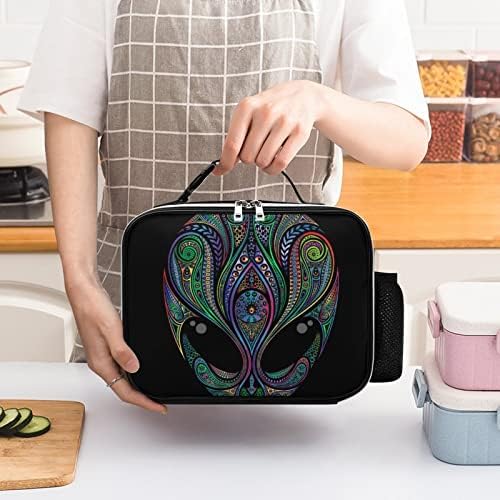 Espaço colorido Alien Head Head Reutilable Lunch Box Portable Refriger Meal Tote Saco com alça de fivela destacável