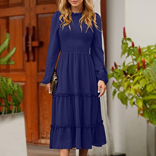 Vestidos de verão hcjkdu para mulheres pescoço redondo de manga longa Smocked Smocked casual maxi vestido camada de traje