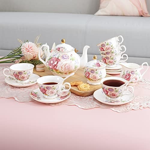 Conjunto de café de porcelana europeia fanquare, conjunto de chá para mulheres rosa, conjunto de chá de China Bone, pote de chá de café floral vintage com xícaras