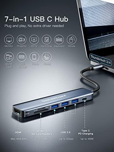 USB C Hub, Dockteckexpand 7 em 1 adaptador multitor USB-C com 4K HDMI, entrega de energia 100W, 3 portas USB 3.0, leitor de cartão SD/TF,