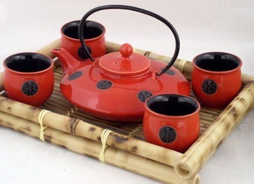 Decoração de arte contemporânea asiática Conjunto de chá de porcelana 5 PCs em caixa de presente de madeira