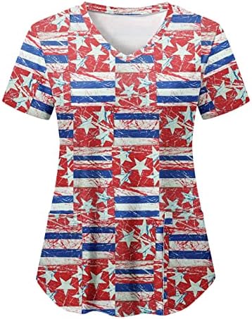 Camiseta de bandeira dos EUA para mulheres 4 de julho de verão de manga curta camisetas em V com 2 bolsos Blush Top Holiday