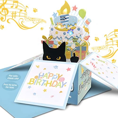 DTESL 3D Pop Up Cartões de aniversário engraçados, cartão de aniversário de gato preto 3D para mulheres, gato mãe ou papai cartões para todos os amantes de gatos, pressione o botão liga / desliga para tocar: toca de toca de sucesso 'Happy Birthday'