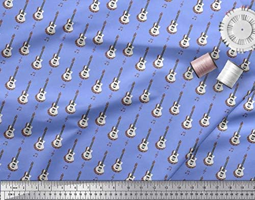 Soimoi Blue Cotton Jersey Fabric Notes & Guitar Musical Instrument Print Fabric by Yard 58 polegadas de largura