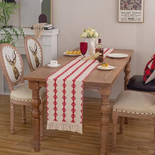 Kadyhoom Red Burlap Table Runner, Boho Table Runner 108 polegadas, Runner de mesa de café para decoração/fazenda Boho, Runner de mesa para férias/casamento/festa/fazenda/cozinha/decoração de jantar