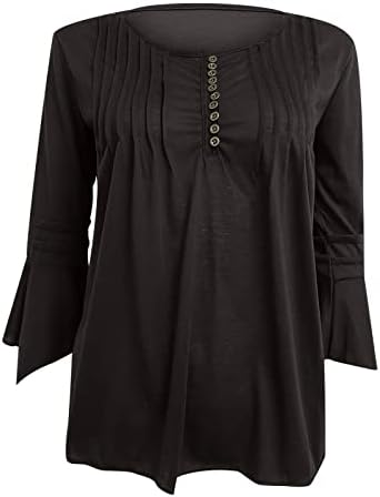 Narhbrg feminino largado 3/4 camisas de manga sólida túnica de túnica redonda sólida Túnica plissada Botão de decoração