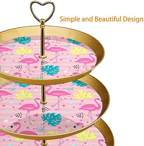Stand de bolo de 3 camadas, torre de exibição de sobremesa de flamingos rosa, porta de cupcake redonda de plástico que serve
