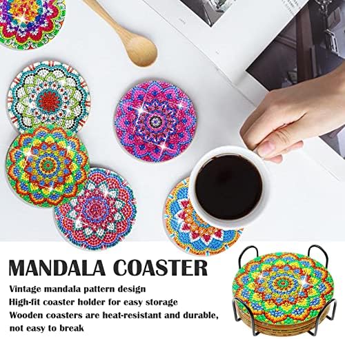 Coasters de pintura de diamante com suporte, 6pcs Mandala Diamond Painting Coasters, Kits de montanha -russa de