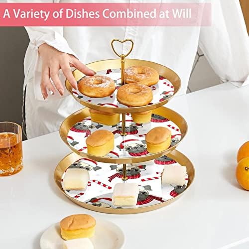 3 Placa de fruta de cupcakes de 3 camadas de sobremesa Plástico para servir suporte de exibição para casamento de aniversário de bebê Decorações de chá de chá de bebê redondo, cachorro pug com chapéu e cana de doce