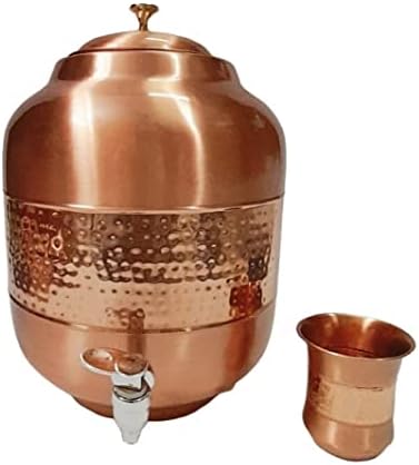 Dispensador de água de cobre puro/dispensador de cobre matka liso e meio martelado com suporte de 50 cm de altura e vidro, dispensador de água de galão armazenamento de cobre por ornamentos internacionais